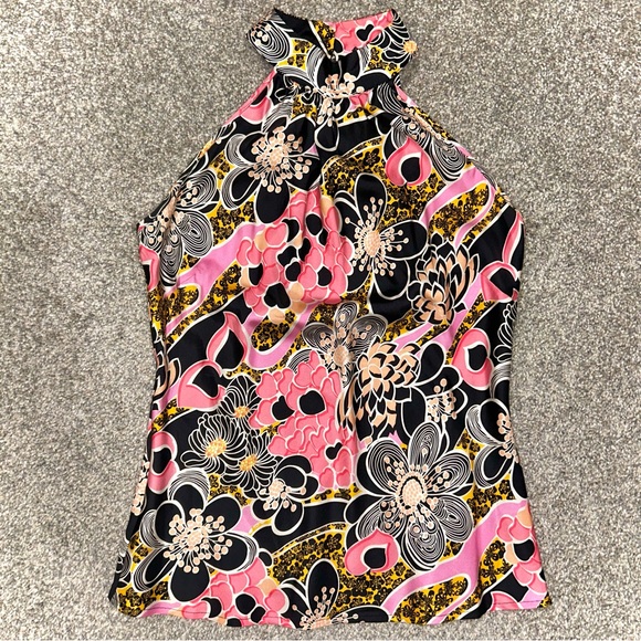 Forever 21 Tops - 100% Silk Floral Halter High Neck Top Pink Black Gold 1960s Inspired Retro Print
